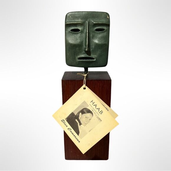 HAAB Elisa Camarena Green Death Mask Sculpture with Wood Stand, 'Death Mask' - Picture 1 of 6